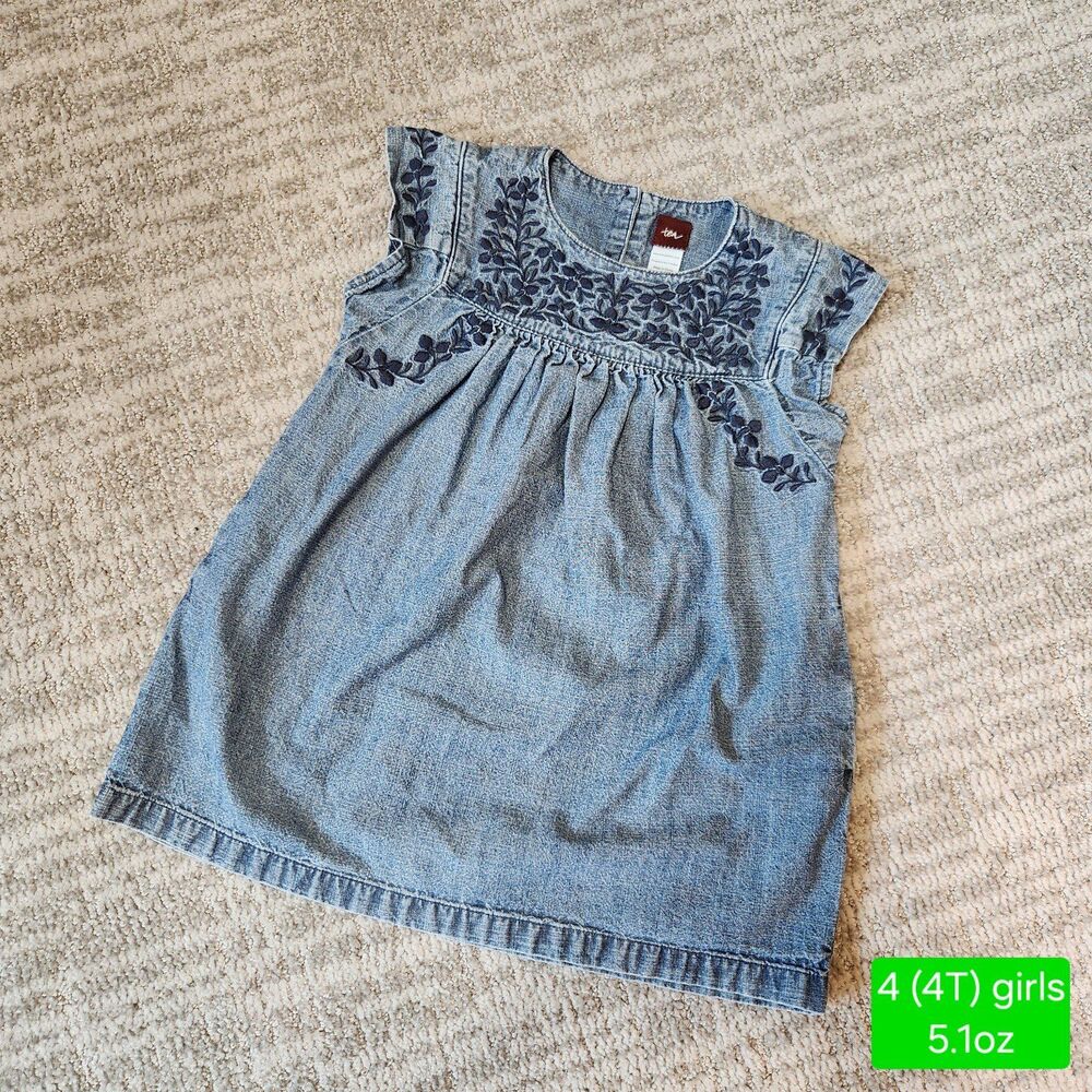 Tea girls denim embroidered cap sleeve dress size 4 (4T)